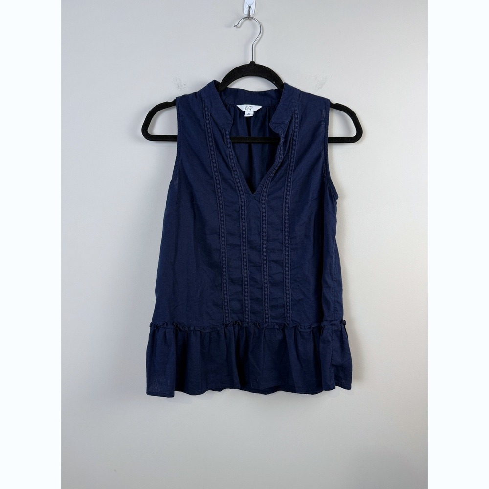 Crown & Ivy Peplum Top Women XS Navy Blue Linen Blend Crochet Trim Sleeveless